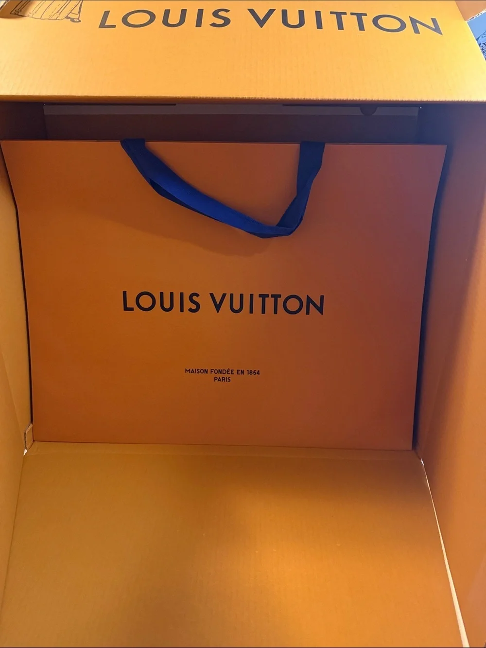 Louis Vuitton Orange Gift Bag with Blue Ribbon Handle and Box Set.